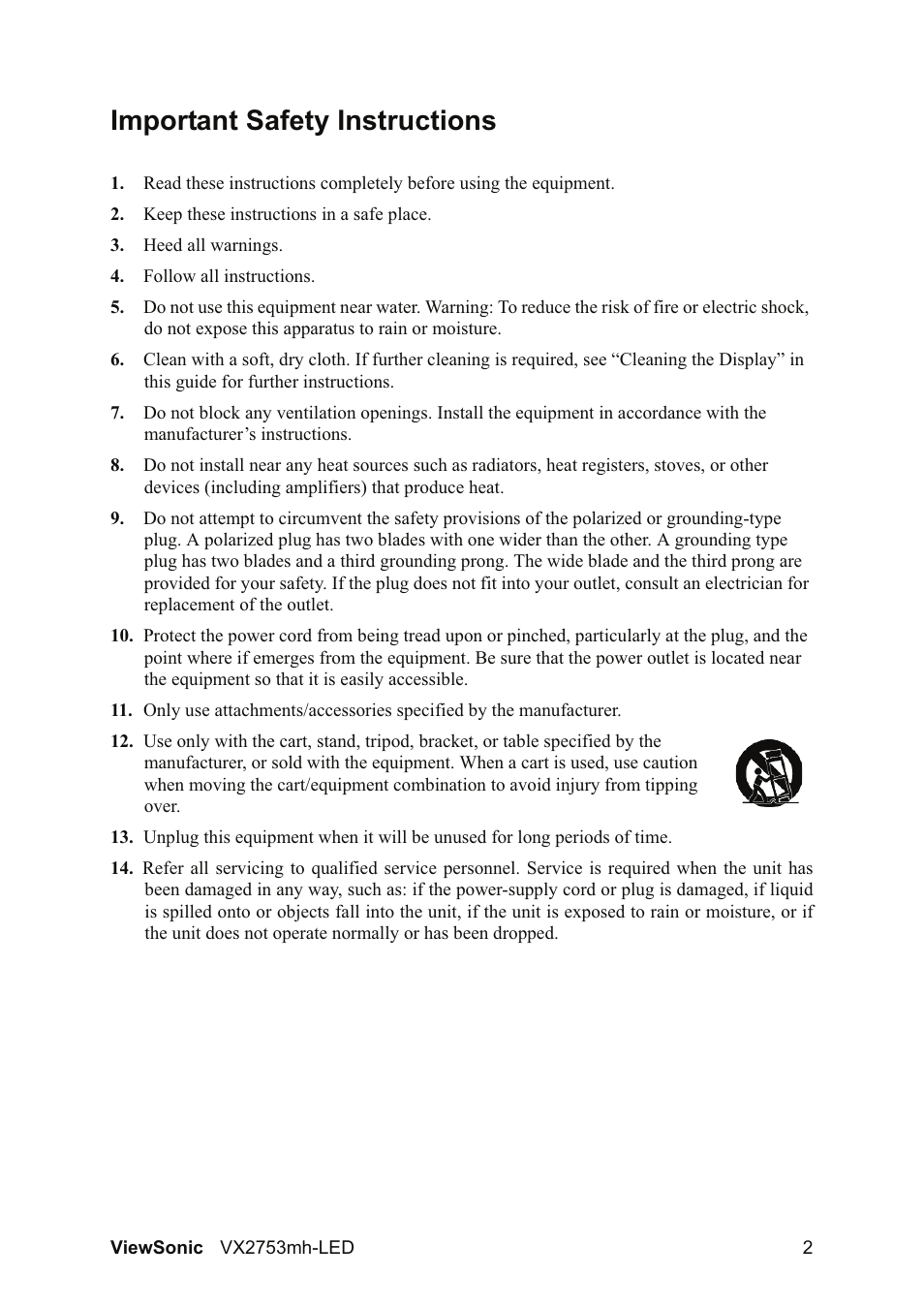 Important safety instructions | VIEWSONIC VX2753MH-LED VS13918 User Manual | Page 4 / 25