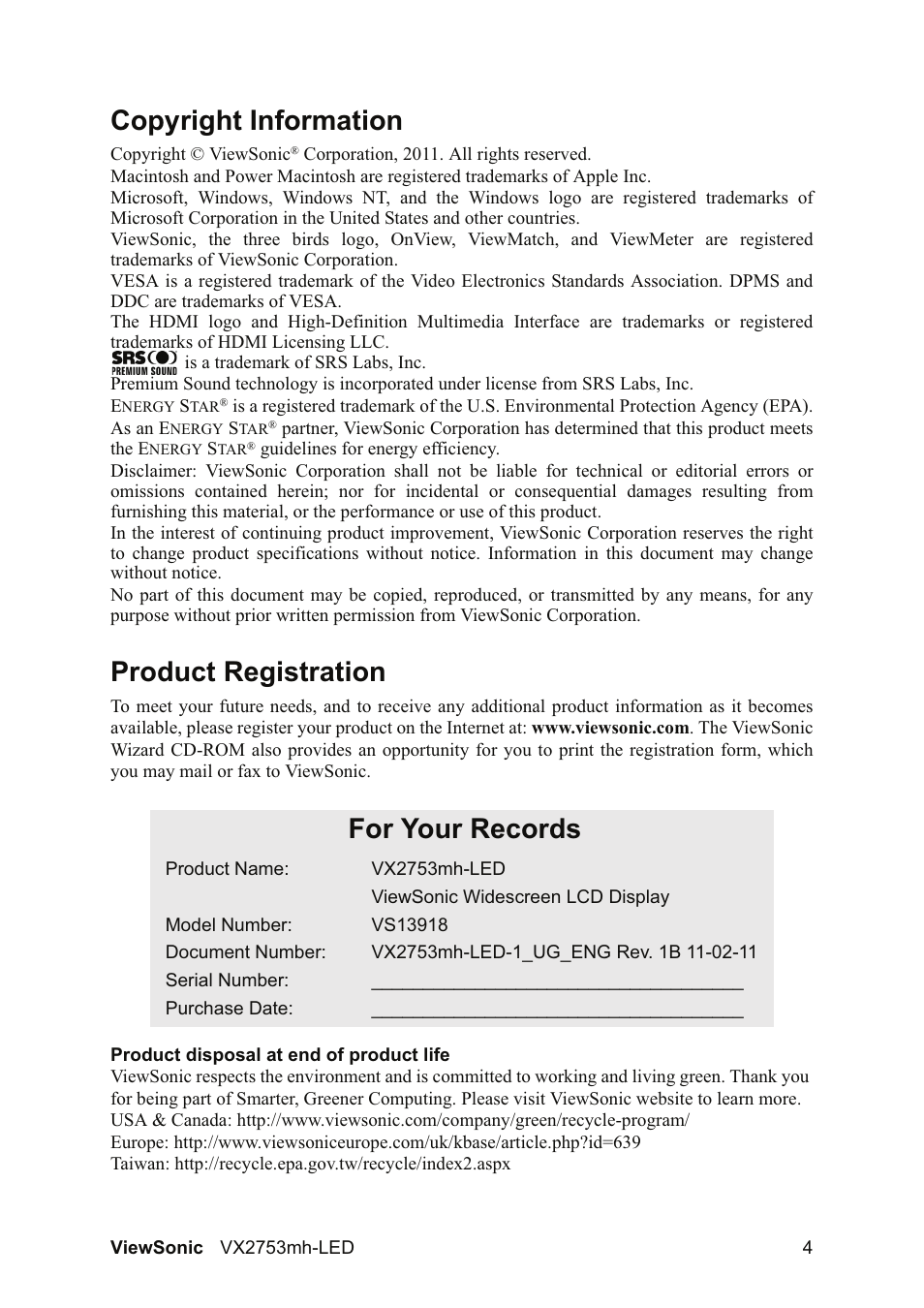 Copyright information, Product registration, For your records | VIEWSONIC VX2753MH-LED VS13918 User Manual | Page 6 / 25