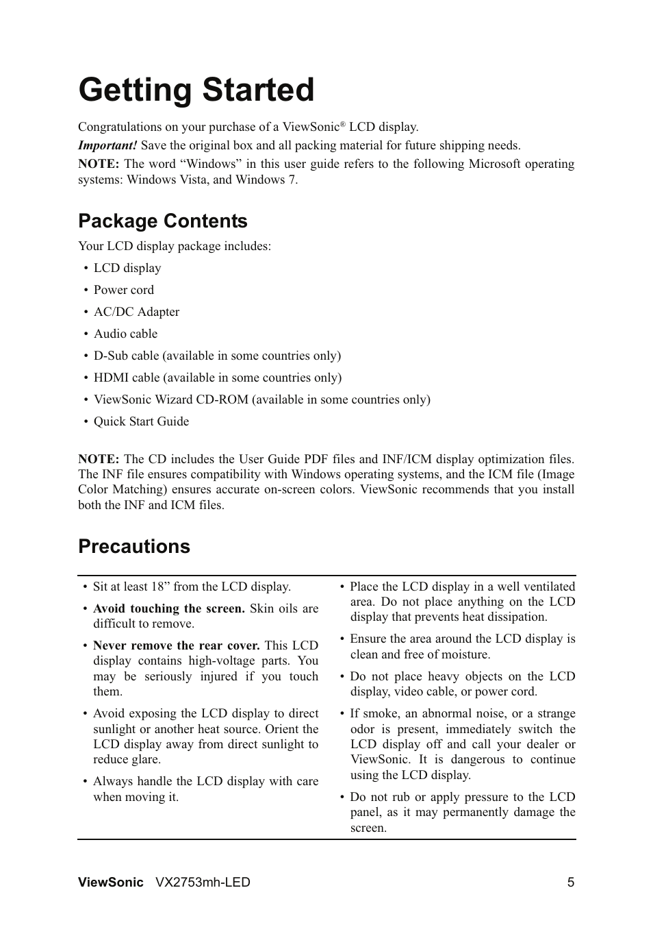Getting started, Package contents, Precautions | VIEWSONIC VX2753MH-LED VS13918 User Manual | Page 7 / 25