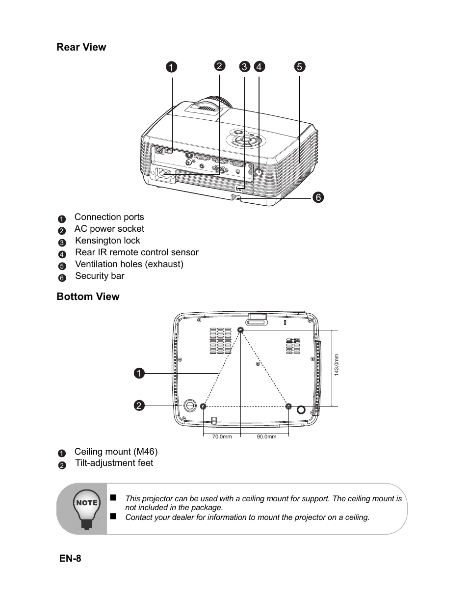 Rear view, Bottom view, En-8 | VIEWSONIC PJD6221 DLP Projector VS12472 User Manual | Page 11 / 59
