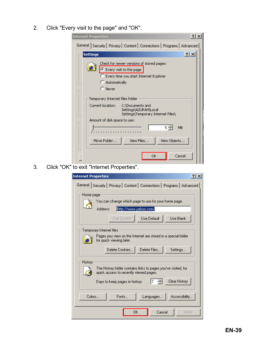 Click "ok" to exit "internet properties | VIEWSONIC PJD6221 DLP Projector VS12472 User Manual | Page 42 / 59