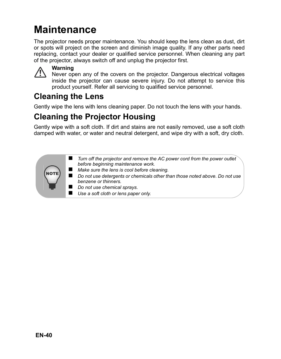 Maintenance, Cleaning the lens, Cleaning the projector housing | VIEWSONIC PJD6221 DLP Projector VS12472 User Manual | Page 43 / 59