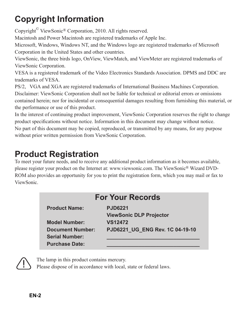 Copyright information, Product registration, For your records | VIEWSONIC PJD6221 DLP Projector VS12472 User Manual | Page 5 / 59