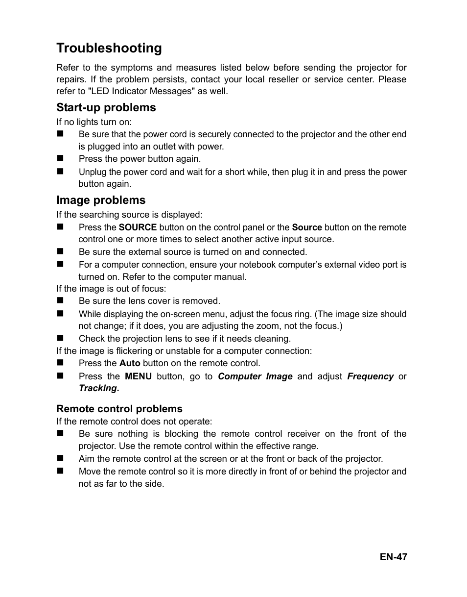 Troubleshooting, Start-up problems, Image problems | VIEWSONIC PJD6221 DLP Projector VS12472 User Manual | Page 50 / 59