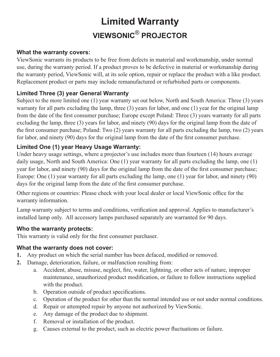 Limited warranty, Viewsonic, Projector | VIEWSONIC PJD6221 DLP Projector VS12472 User Manual | Page 55 / 59