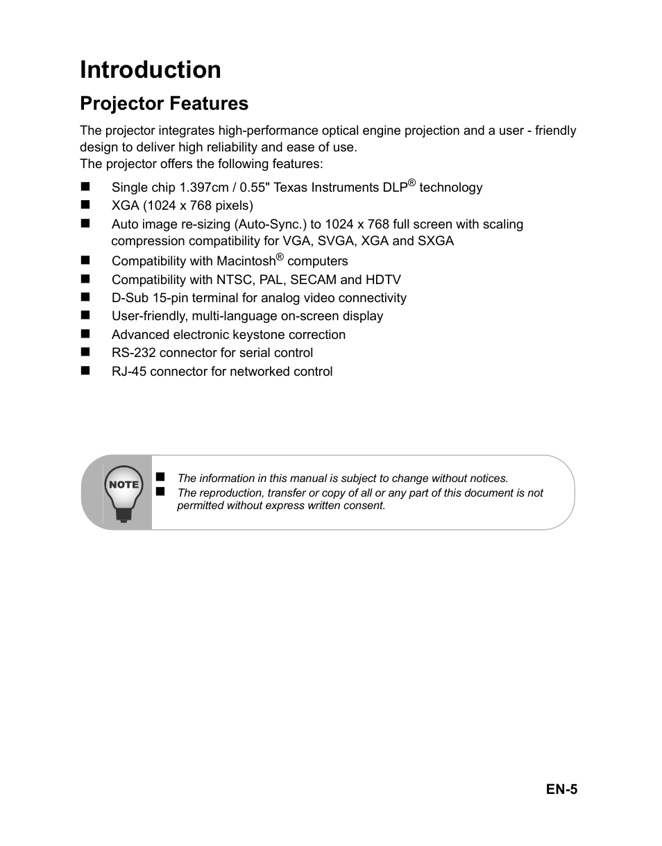 Introduction, Projector features | VIEWSONIC PJD6221 DLP Projector VS12472 User Manual | Page 8 / 59