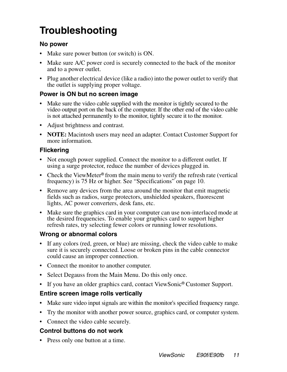 Troubleshooting | VIEWSONIC E90FB User Manual | Page 12 / 18