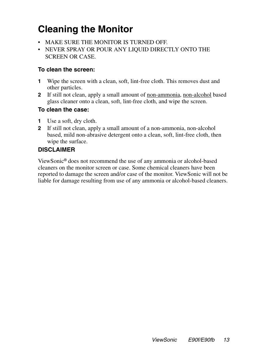 Cleaning the monitor | VIEWSONIC E90FB User Manual | Page 14 / 18