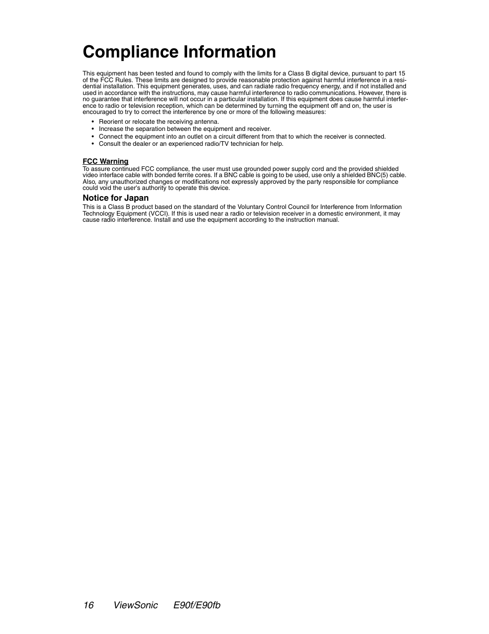 Compliance information | VIEWSONIC E90FB User Manual | Page 17 / 18