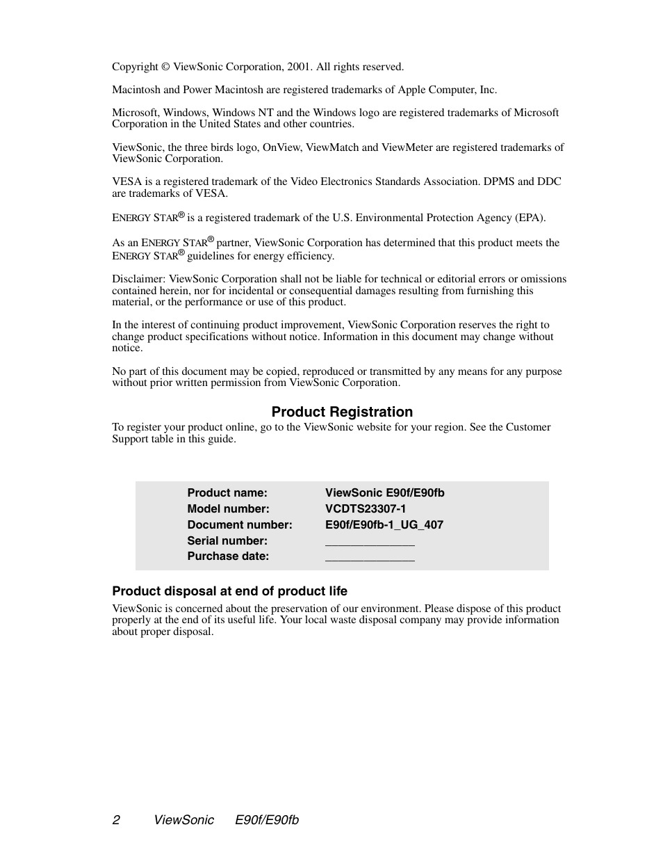 Product registration | VIEWSONIC E90FB User Manual | Page 3 / 18