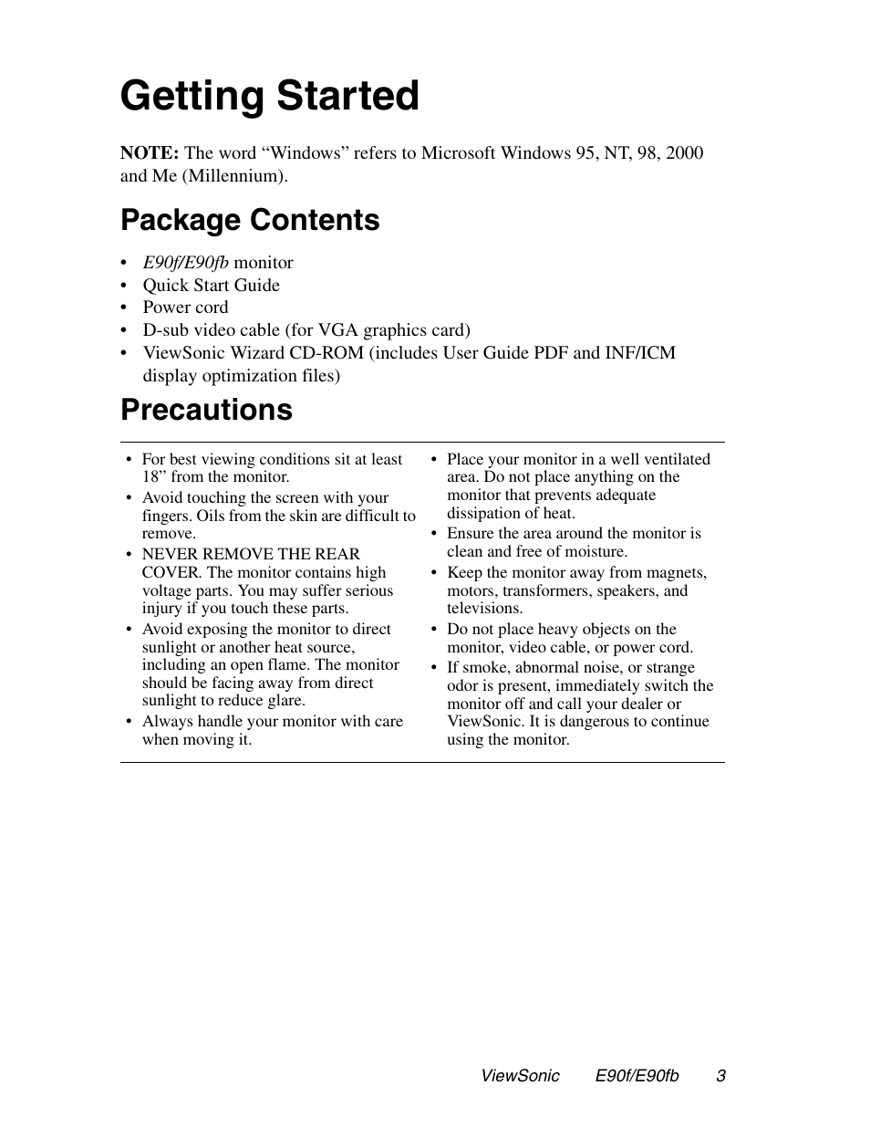 Getting started, Package contents, Precautions | VIEWSONIC E90FB User Manual | Page 4 / 18