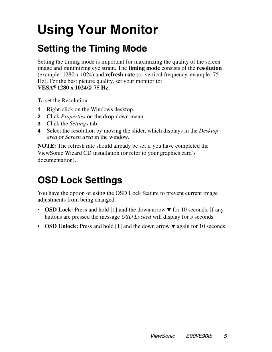 Using your monitor, Setting the timing mode, Osd lock settings | VIEWSONIC E90FB User Manual | Page 6 / 18