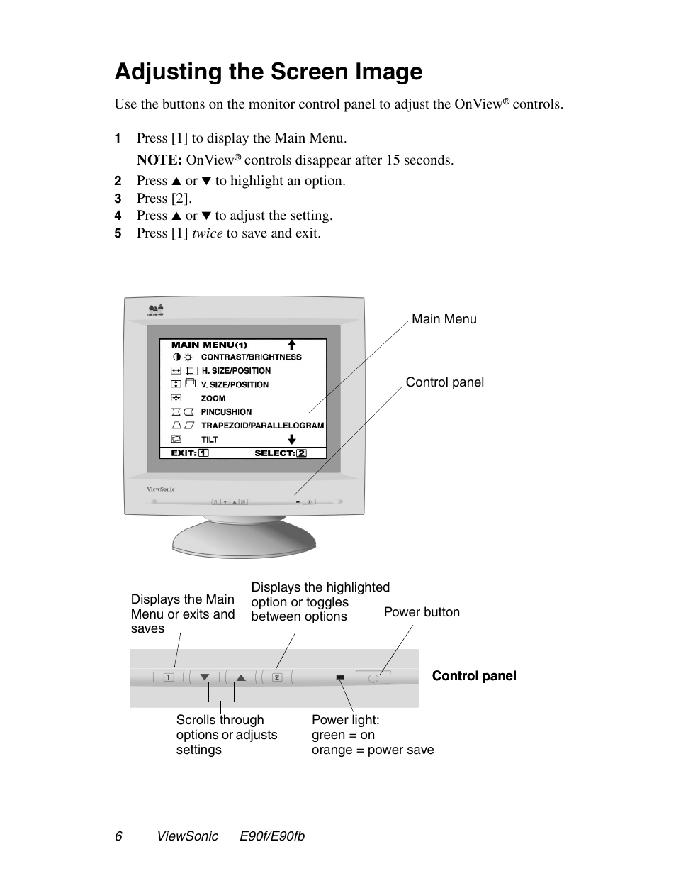 Adjusting the screen image | VIEWSONIC E90FB User Manual | Page 7 / 18