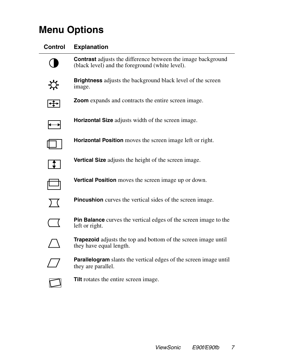 Menu options | VIEWSONIC E90FB User Manual | Page 8 / 18