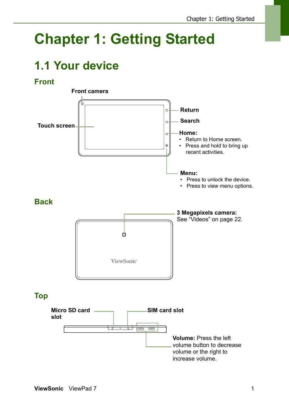 Chapter 1: getting started, 1 your device, Front back top | VIEWSONIC VS13761 User Manual | Page 13 / 67