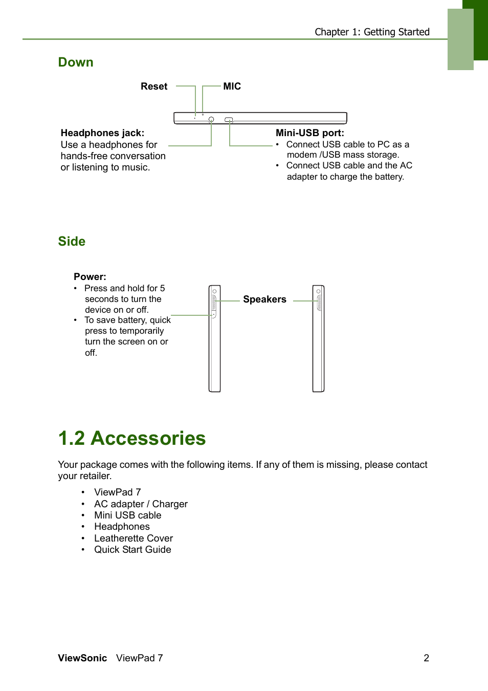 Down side, 2 accessories | VIEWSONIC VS13761 User Manual | Page 14 / 67