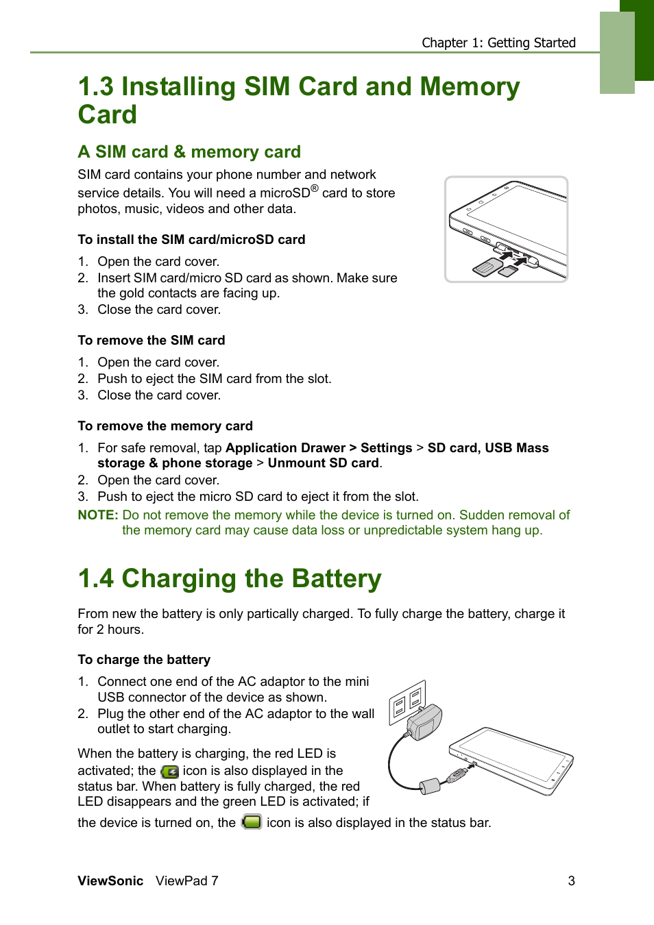 3 installing sim card and memory card, A sim card & memory card, 4 charging the battery | VIEWSONIC VS13761 User Manual | Page 15 / 67