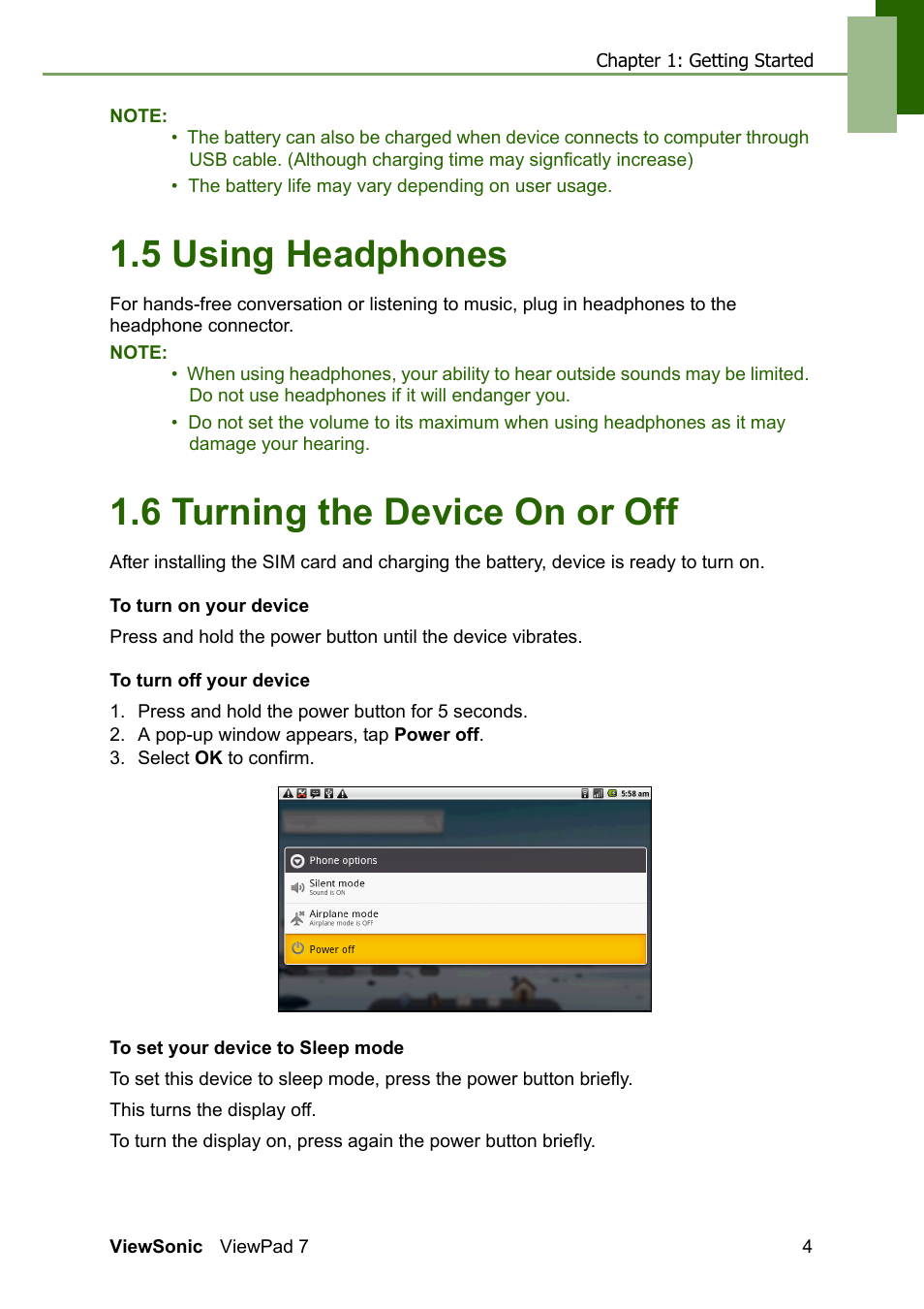 5 using headphones, 6 turning the device on or off | VIEWSONIC VS13761 User Manual | Page 16 / 67