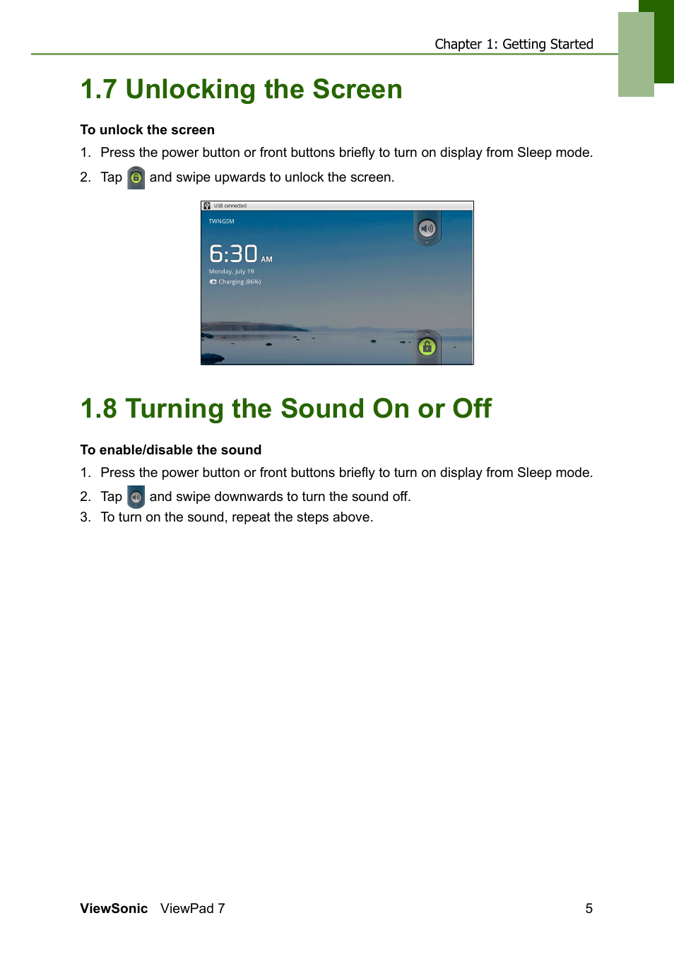 7 unlocking the screen, 8 turning the sound on or off | VIEWSONIC VS13761 User Manual | Page 17 / 67