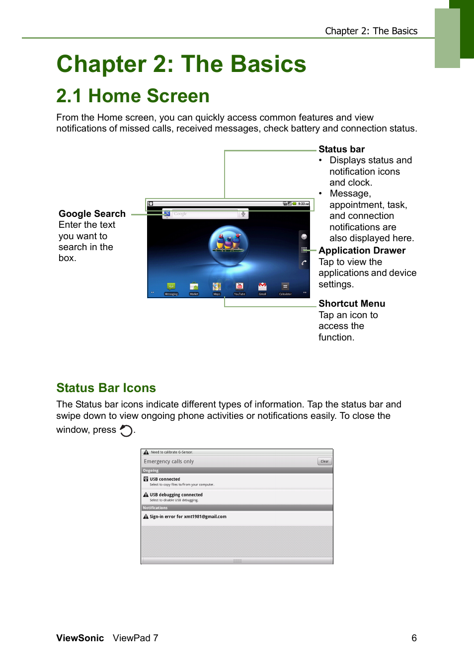 Chapter 2: the basics, 1 home screen, Status bar icons | VIEWSONIC VS13761 User Manual | Page 18 / 67