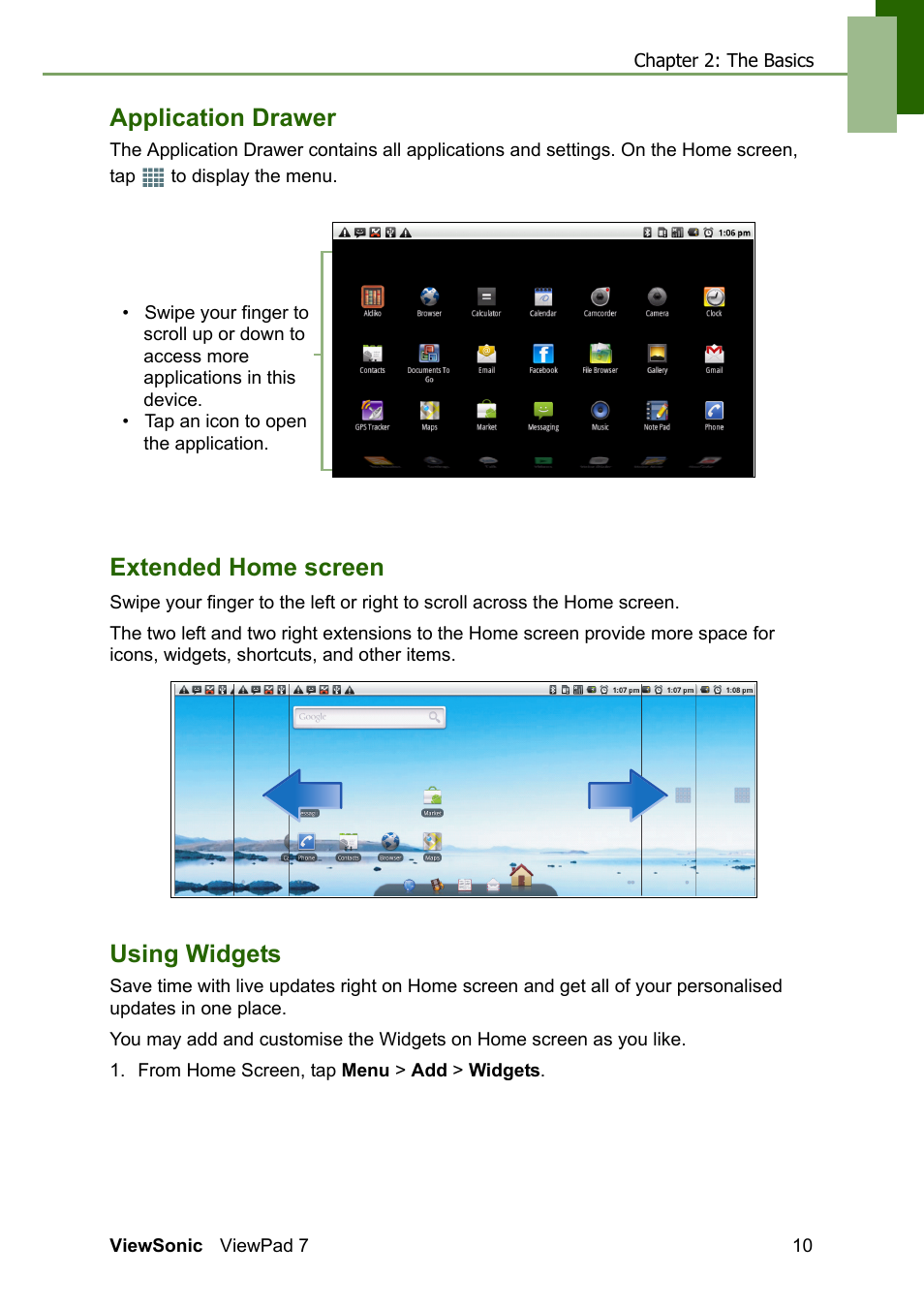 Application drawer, Extended home screen, Using widgets | VIEWSONIC VS13761 User Manual | Page 22 / 67