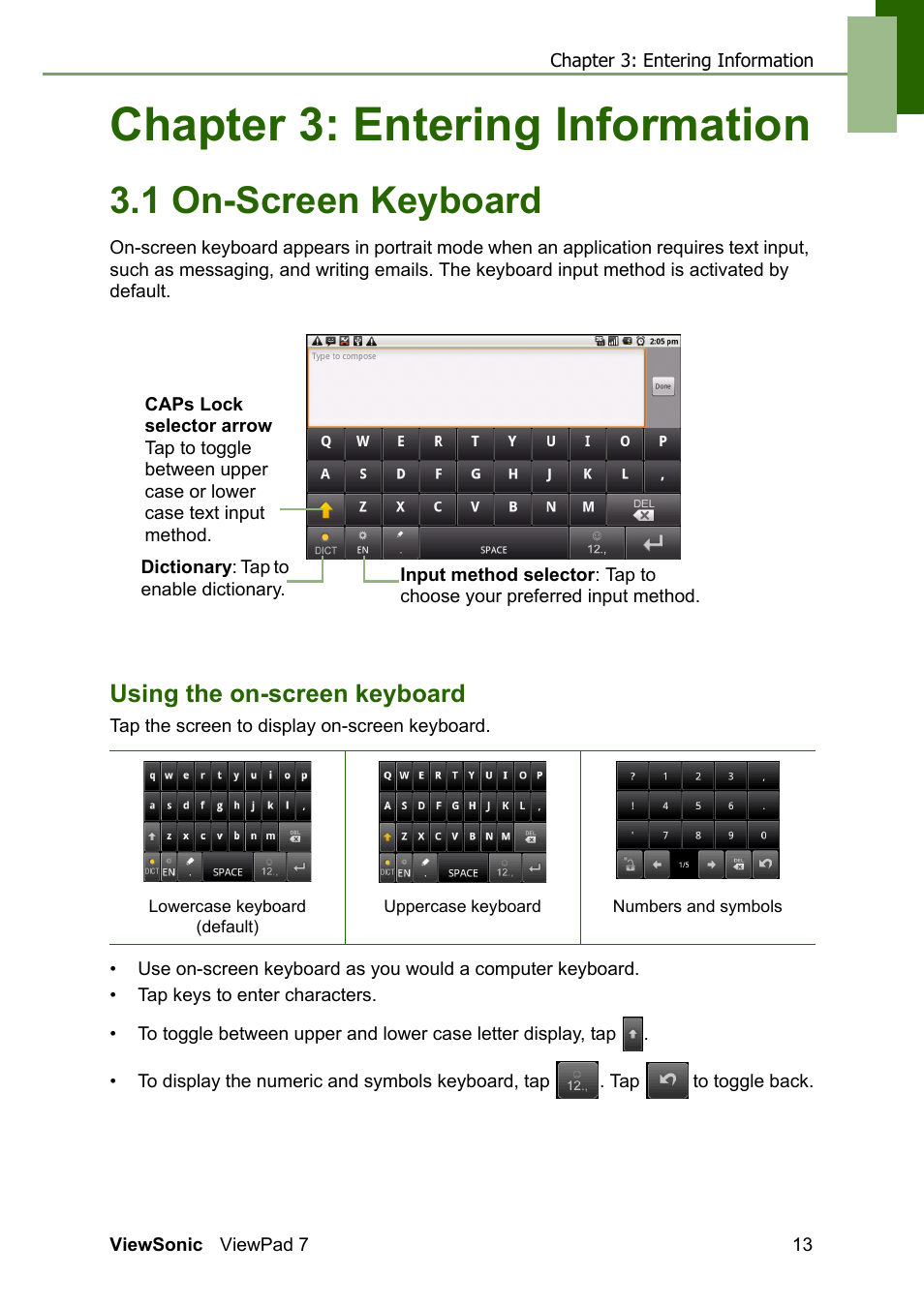 Chapter 3: entering information, 1 on-screen keyboard, Using the on-screen keyboard | VIEWSONIC VS13761 User Manual | Page 25 / 67