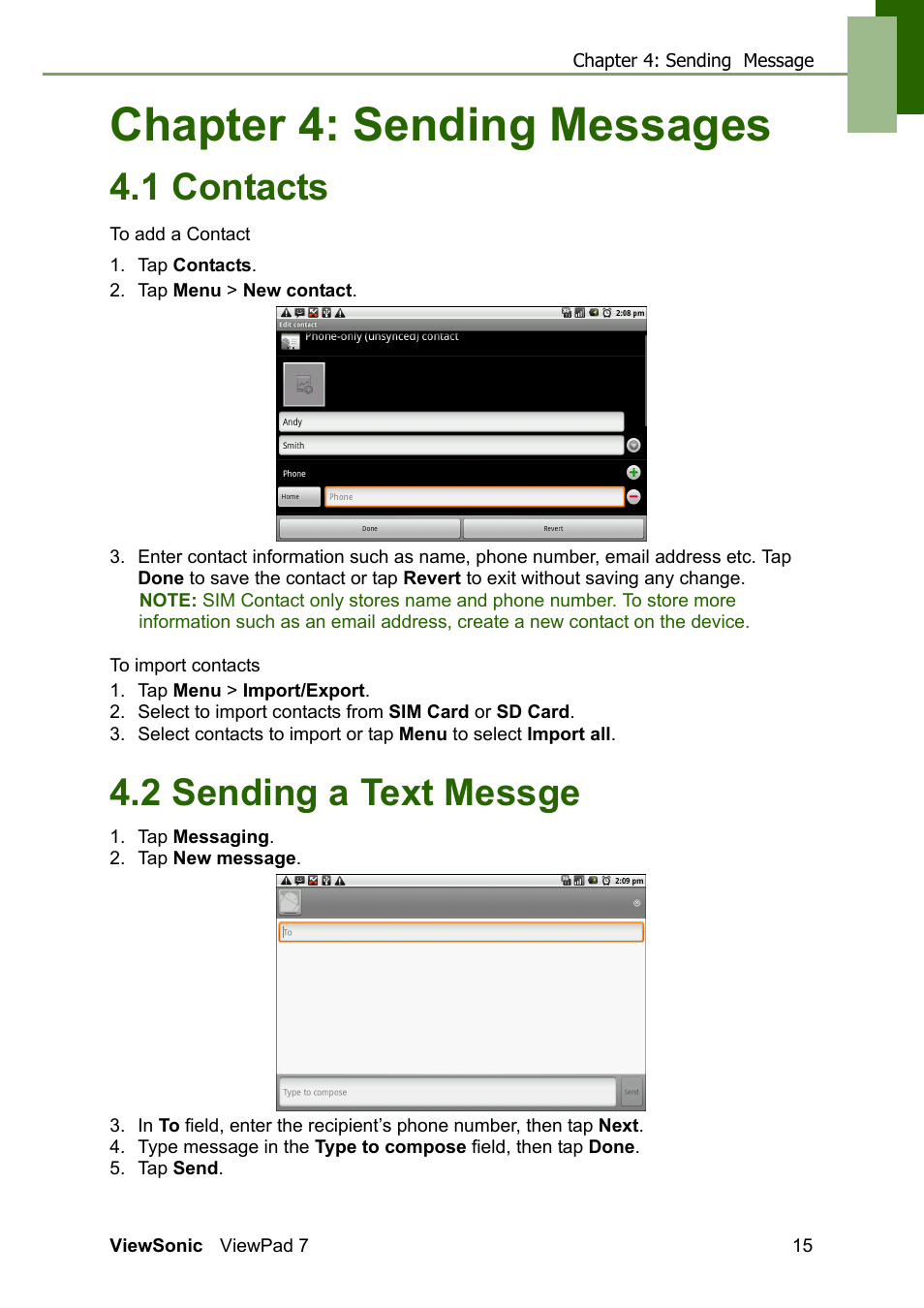 Chapter 4: sending messages, 1 contacts, To import contacts | 2 sending a text messge | VIEWSONIC VS13761 User Manual | Page 27 / 67