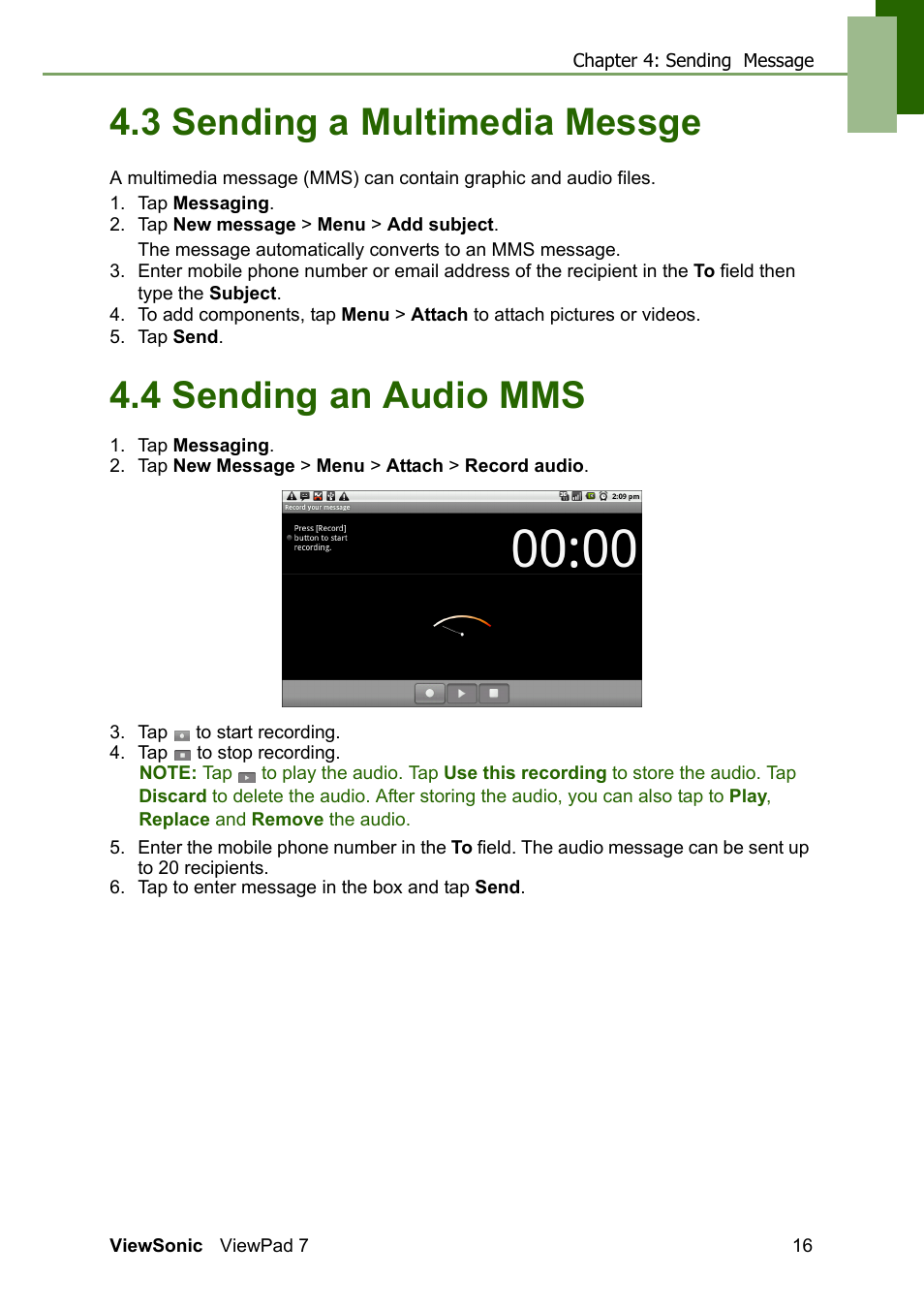 3 sending a multimedia messge, 4 sending an audio mms | VIEWSONIC VS13761 User Manual | Page 28 / 67