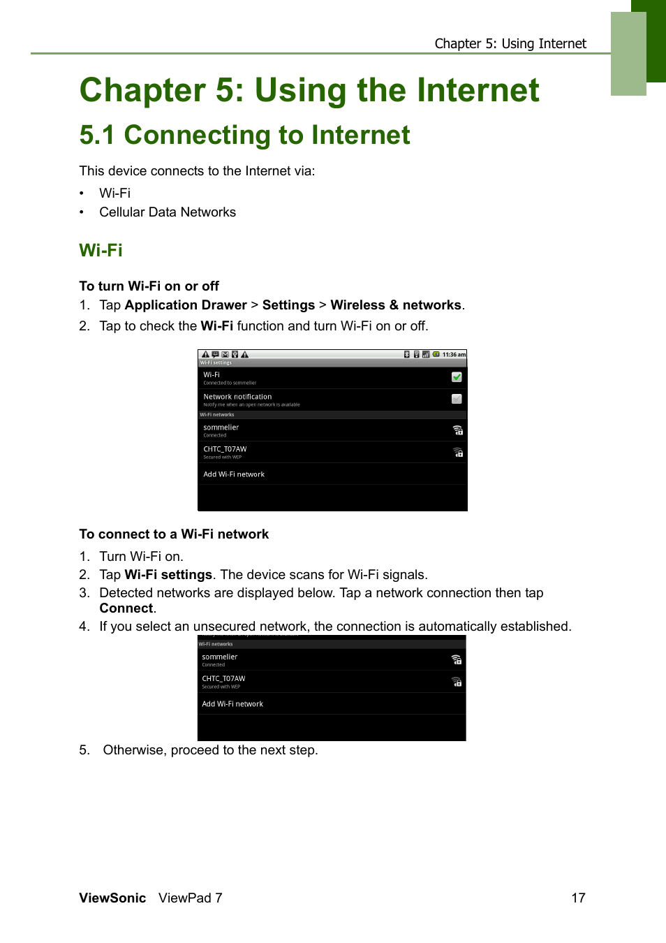 Chapter 5: using the internet, 1 connecting to internet, Wi-fi | VIEWSONIC VS13761 User Manual | Page 29 / 67