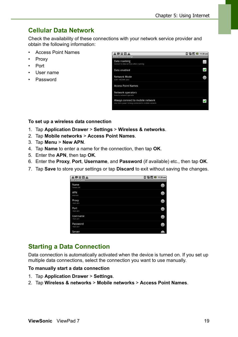 Cellular data network starting a data connection, Cellular data network, Starting a data connection | VIEWSONIC VS13761 User Manual | Page 31 / 67