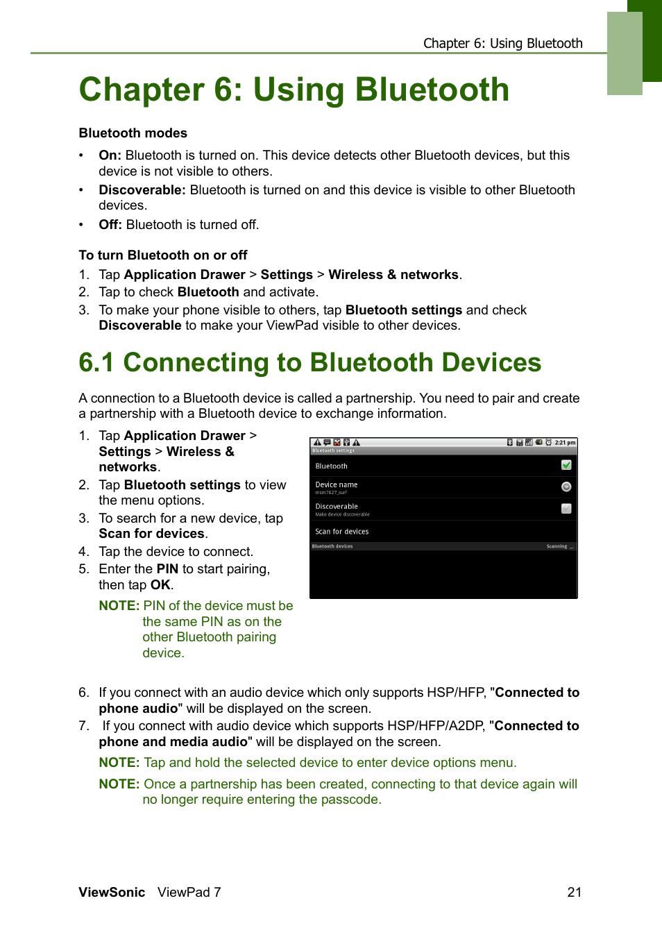 Chapter 6: using bluetooth, 1 connecting to bluetooth devices | VIEWSONIC VS13761 User Manual | Page 33 / 67