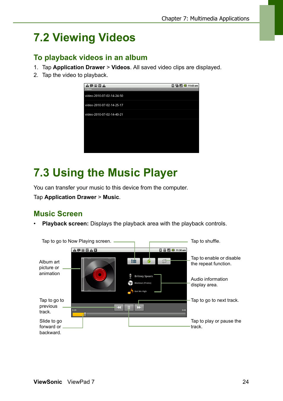 2 viewing videos, To playback videos in an album, 3 using the music player | Music screen | VIEWSONIC VS13761 User Manual | Page 36 / 67