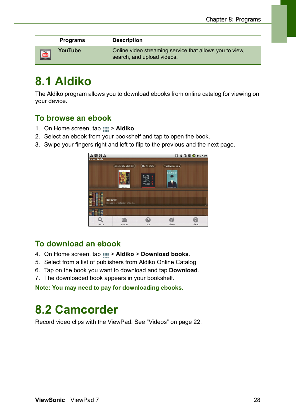 1 aldiko, To browse an ebook to download an ebook, 2 camcorder | VIEWSONIC VS13761 User Manual | Page 40 / 67