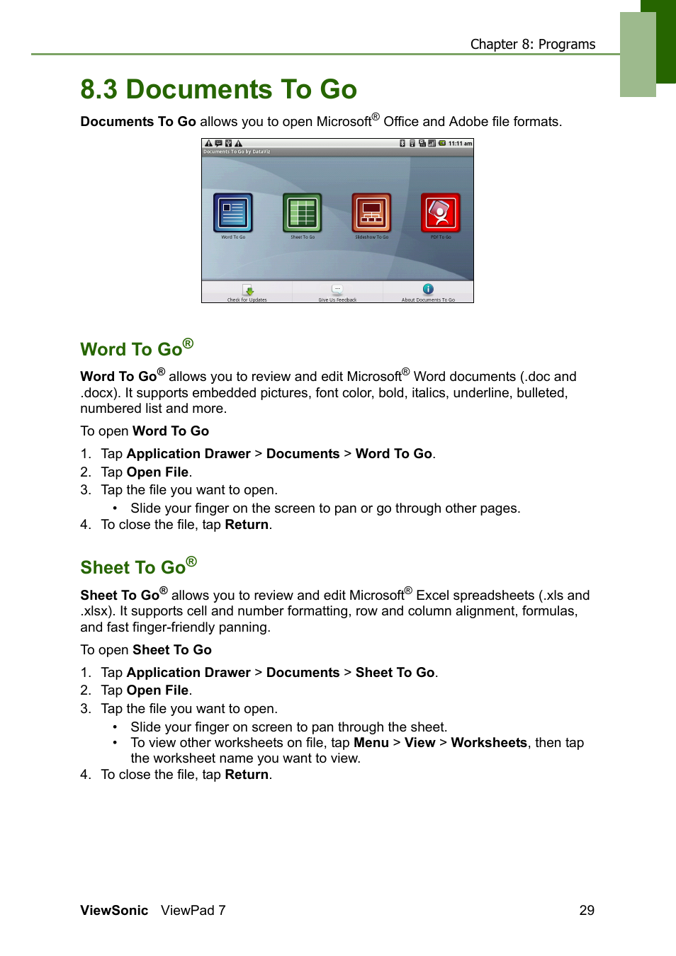 3 documents to go, Word to go® sheet to go, Word to go | Sheet to go | VIEWSONIC VS13761 User Manual | Page 41 / 67
