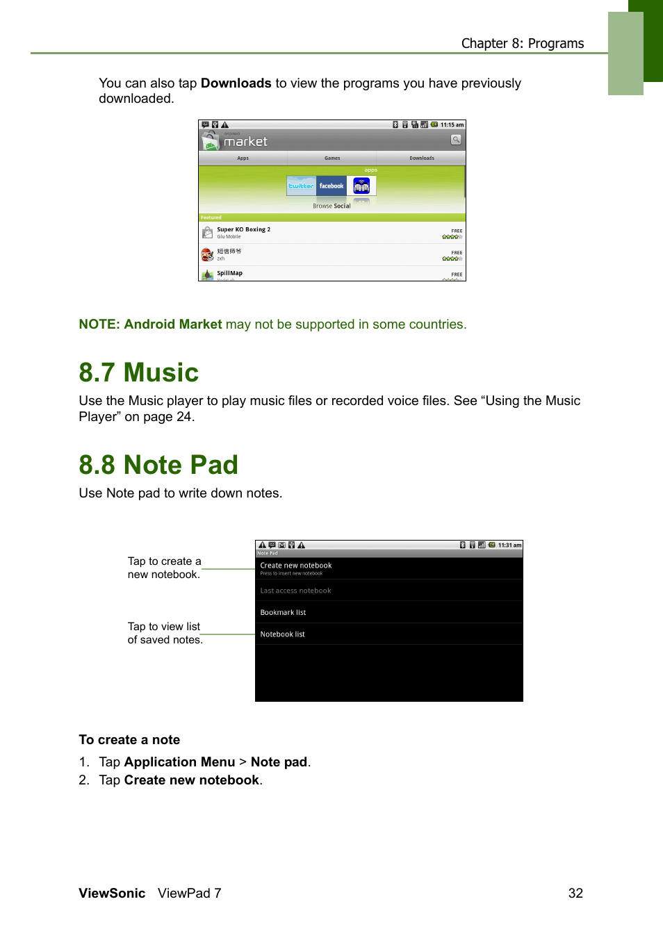 7 music 8.8 note pad, 7 music | VIEWSONIC VS13761 User Manual | Page 44 / 67