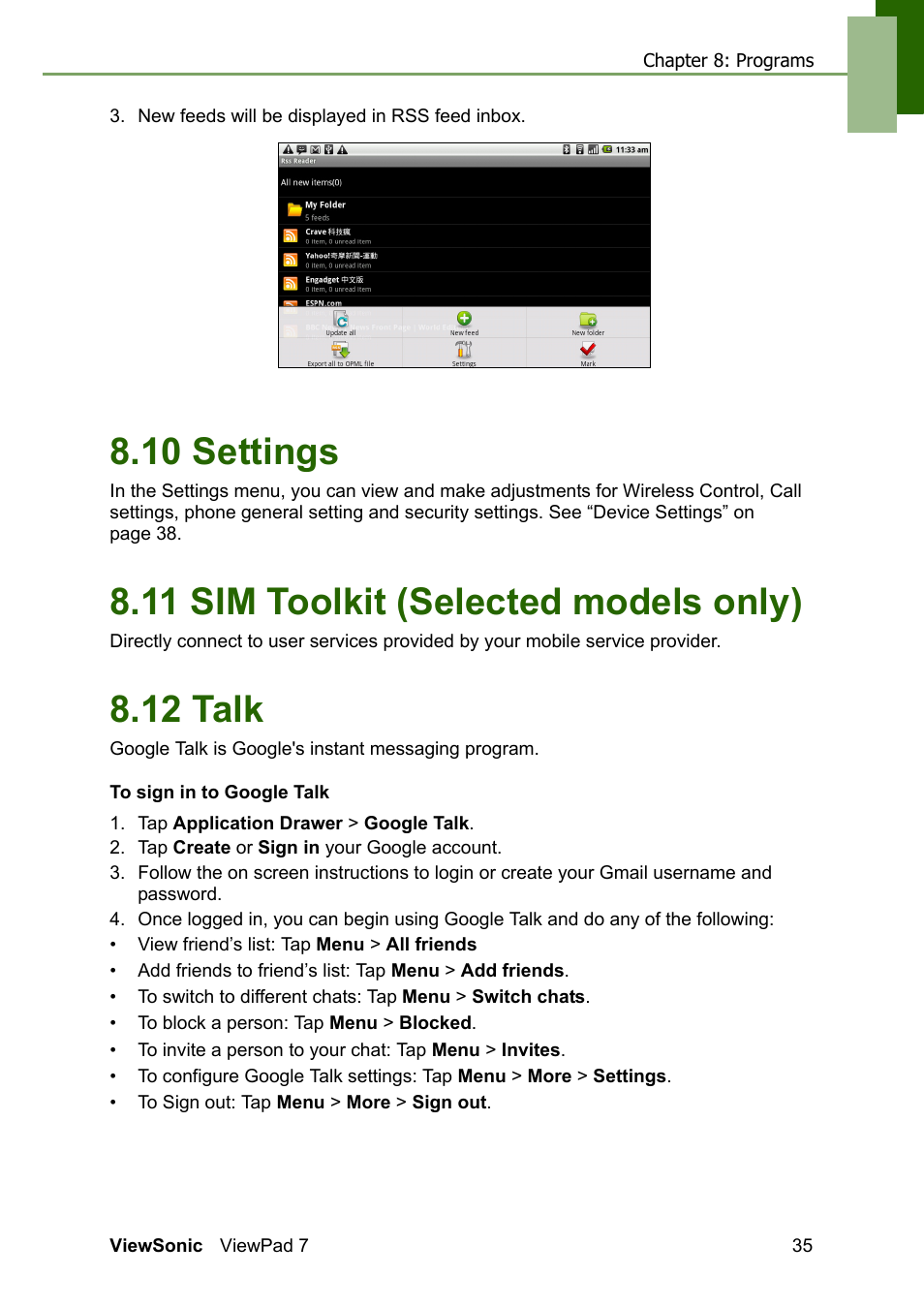 10 settings, 11 sim toolkit (selected models only), 12 talk | VIEWSONIC VS13761 User Manual | Page 47 / 67