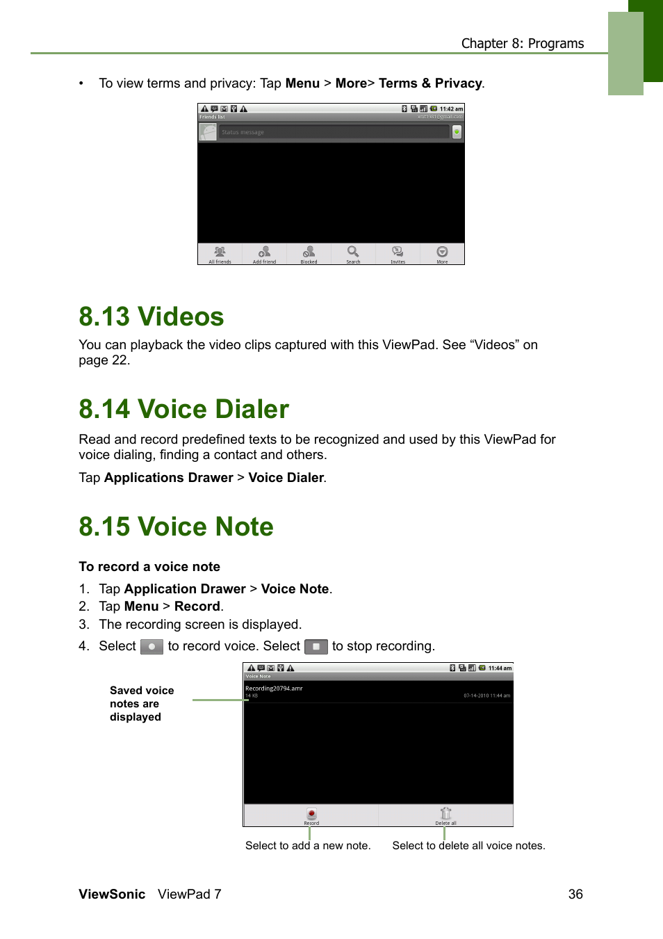 13 videos 8.14 voice dialer 8.15 voice note, 13 videos, 14 voice dialer | VIEWSONIC VS13761 User Manual | Page 48 / 67