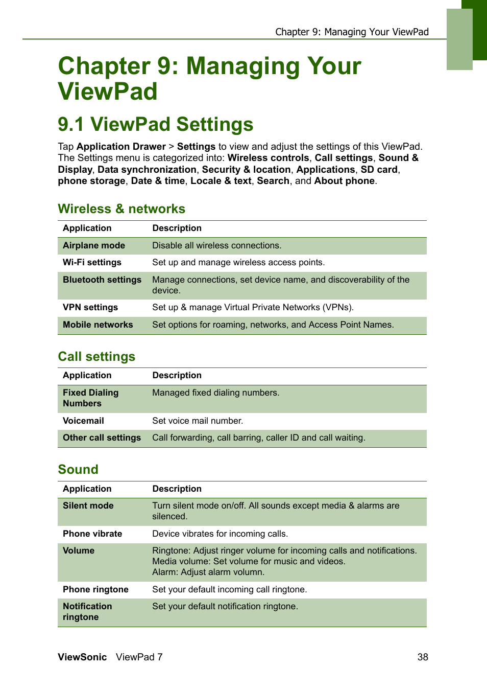 Chapter 9: managing your viewpad, 1 viewpad settings, Wireless & networks call settings sound | VIEWSONIC VS13761 User Manual | Page 50 / 67