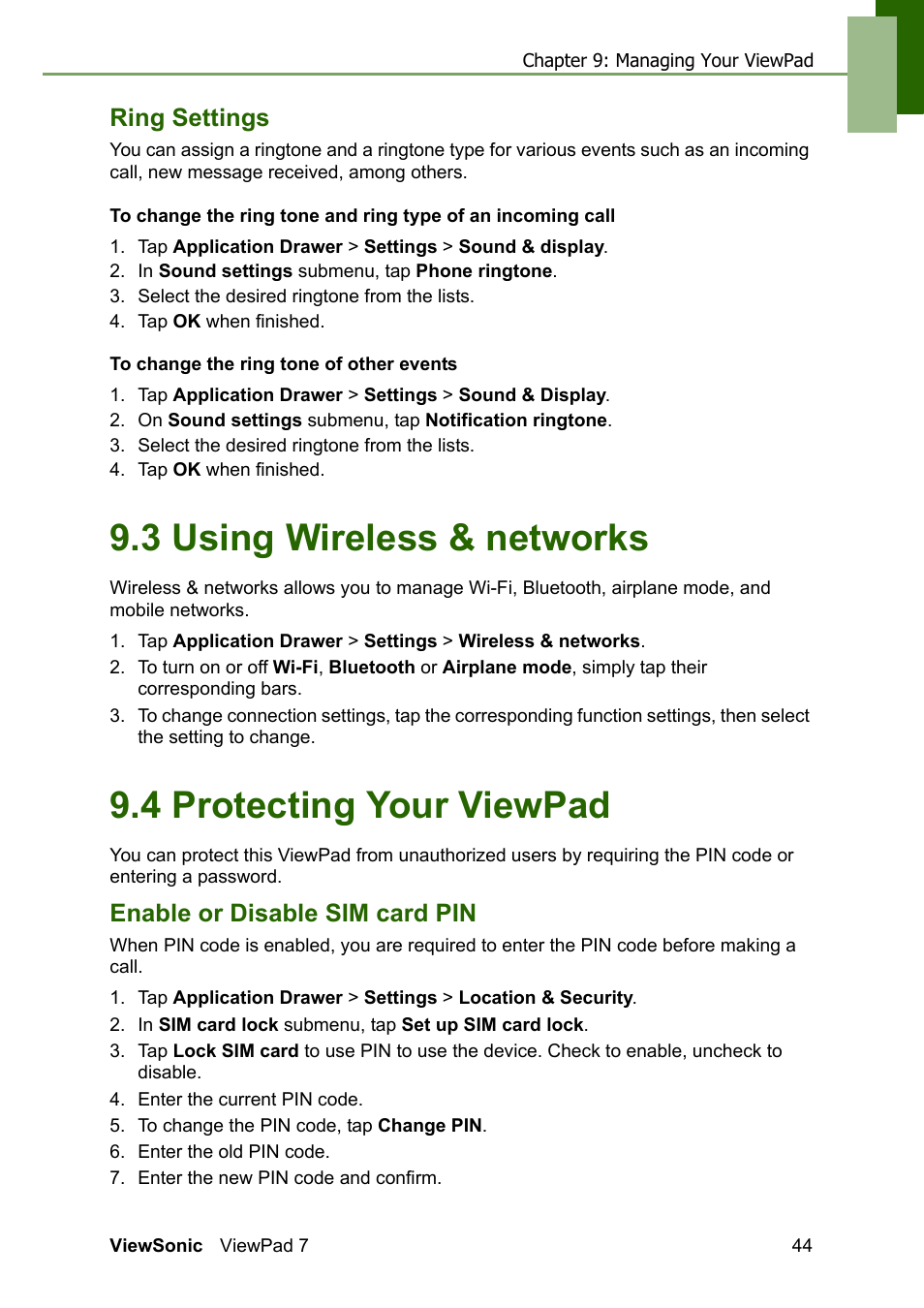 Ring settings, Enable or disable sim card pin, 3 using wireless & networks | 4 protecting your viewpad | VIEWSONIC VS13761 User Manual | Page 56 / 67