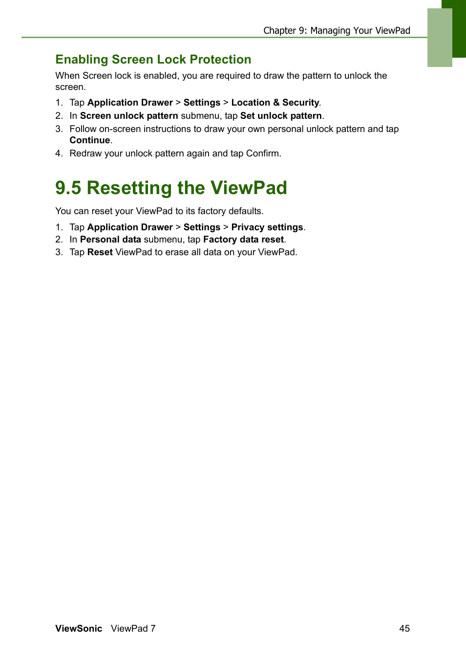 Enabling screen lock protection, 5 resetting the viewpad | VIEWSONIC VS13761 User Manual | Page 57 / 67