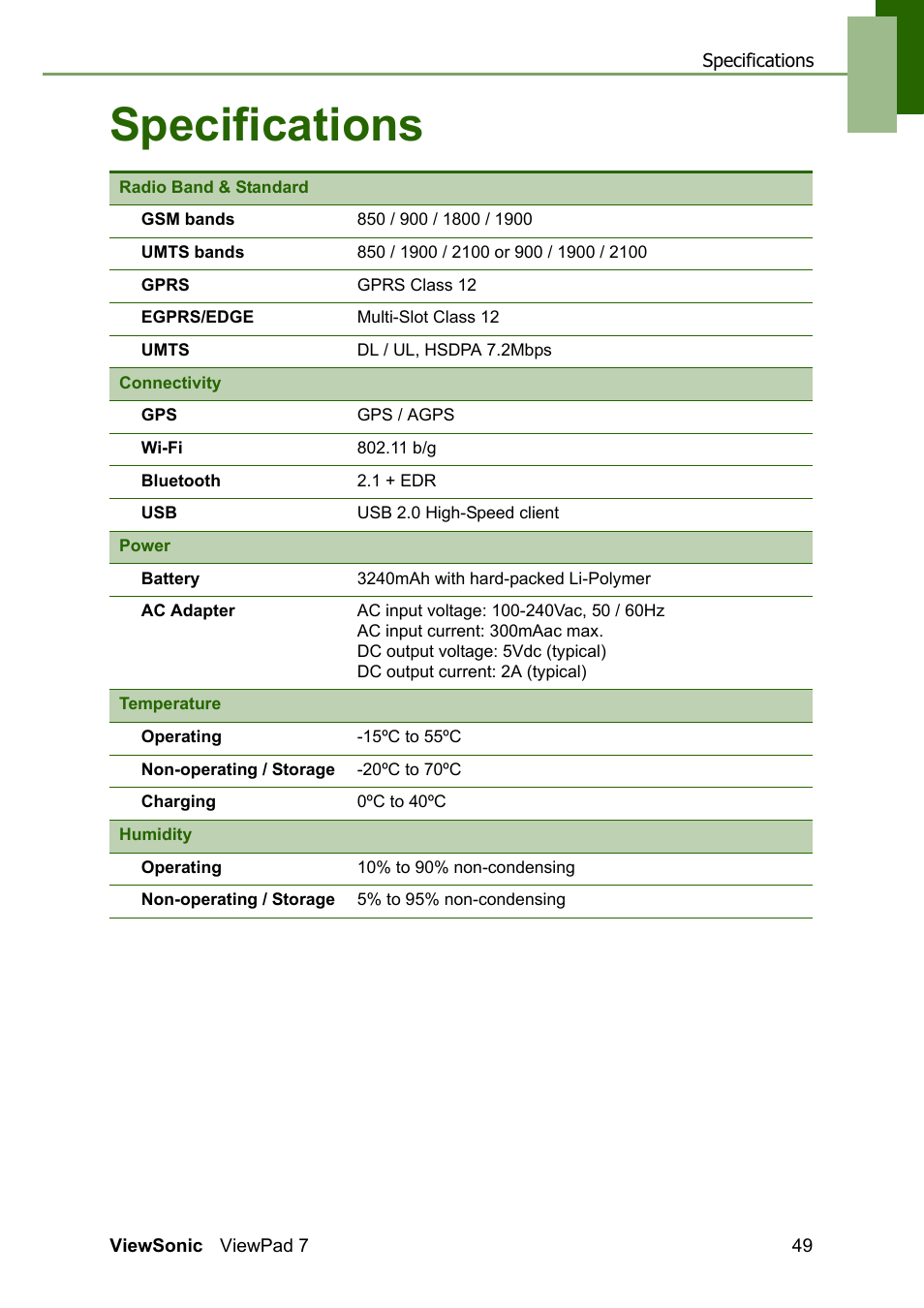 Specifications | VIEWSONIC VS13761 User Manual | Page 61 / 67