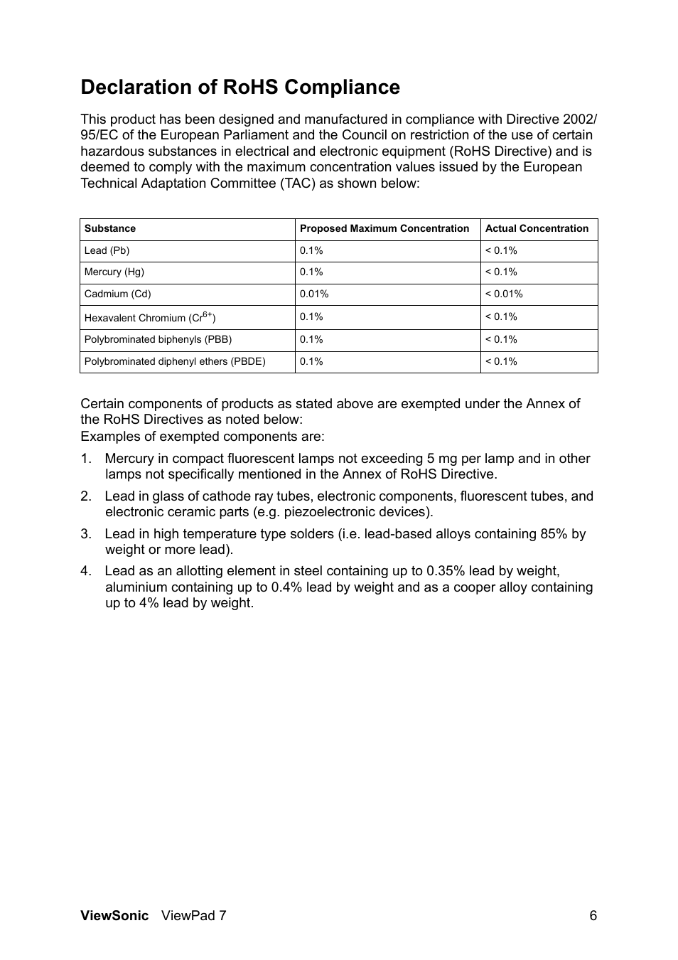 Declaration of rohs compliance | VIEWSONIC VS13761 User Manual | Page 7 / 67