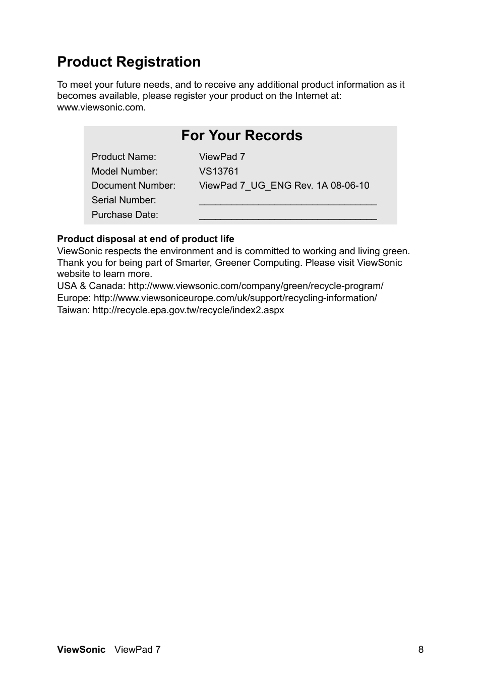 Product registration, For your records | VIEWSONIC VS13761 User Manual | Page 9 / 67