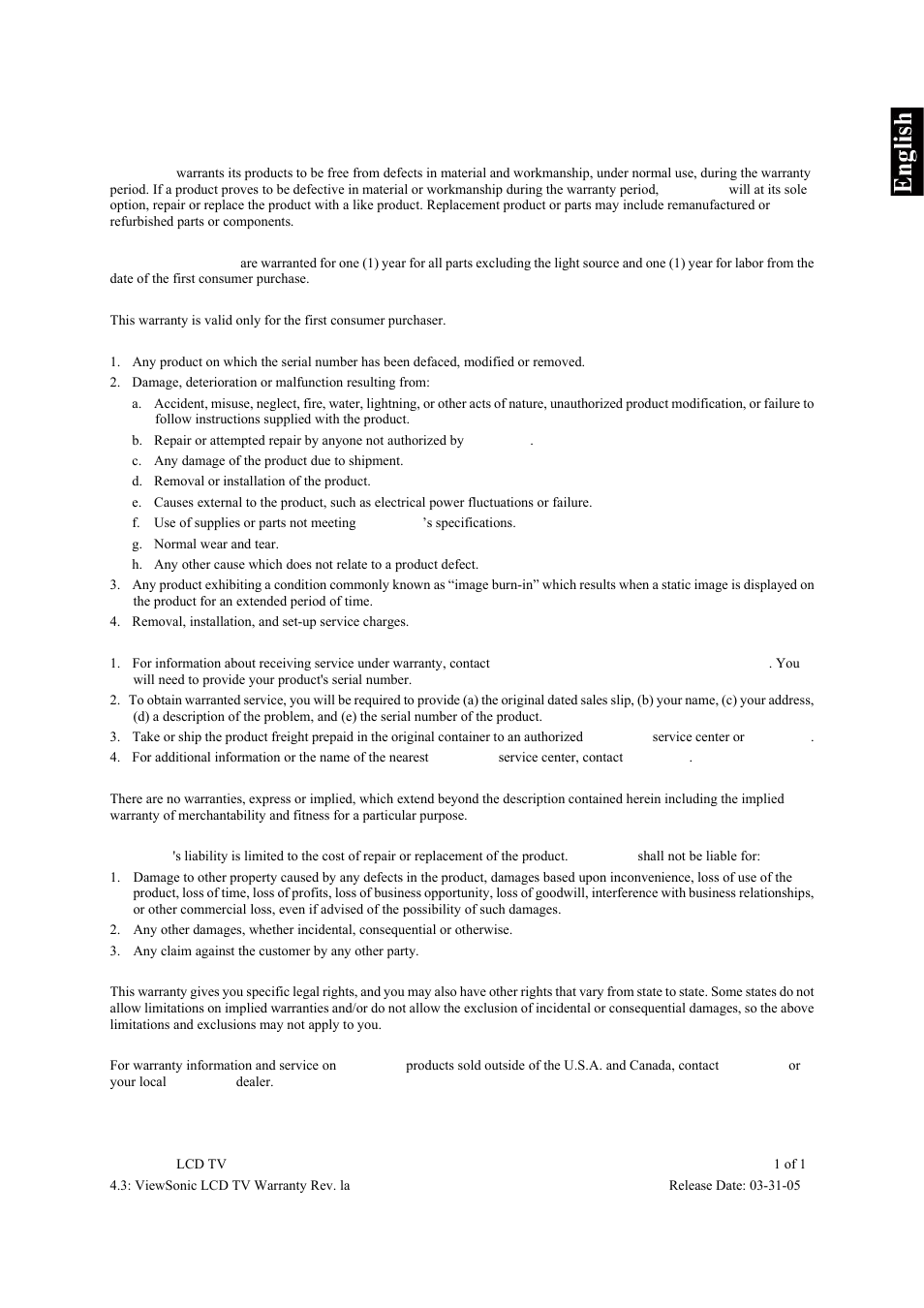 Limited warranty, Viewsonic® lcd tv | VIEWSONIC VS10945-1G User Manual | Page 38 / 113