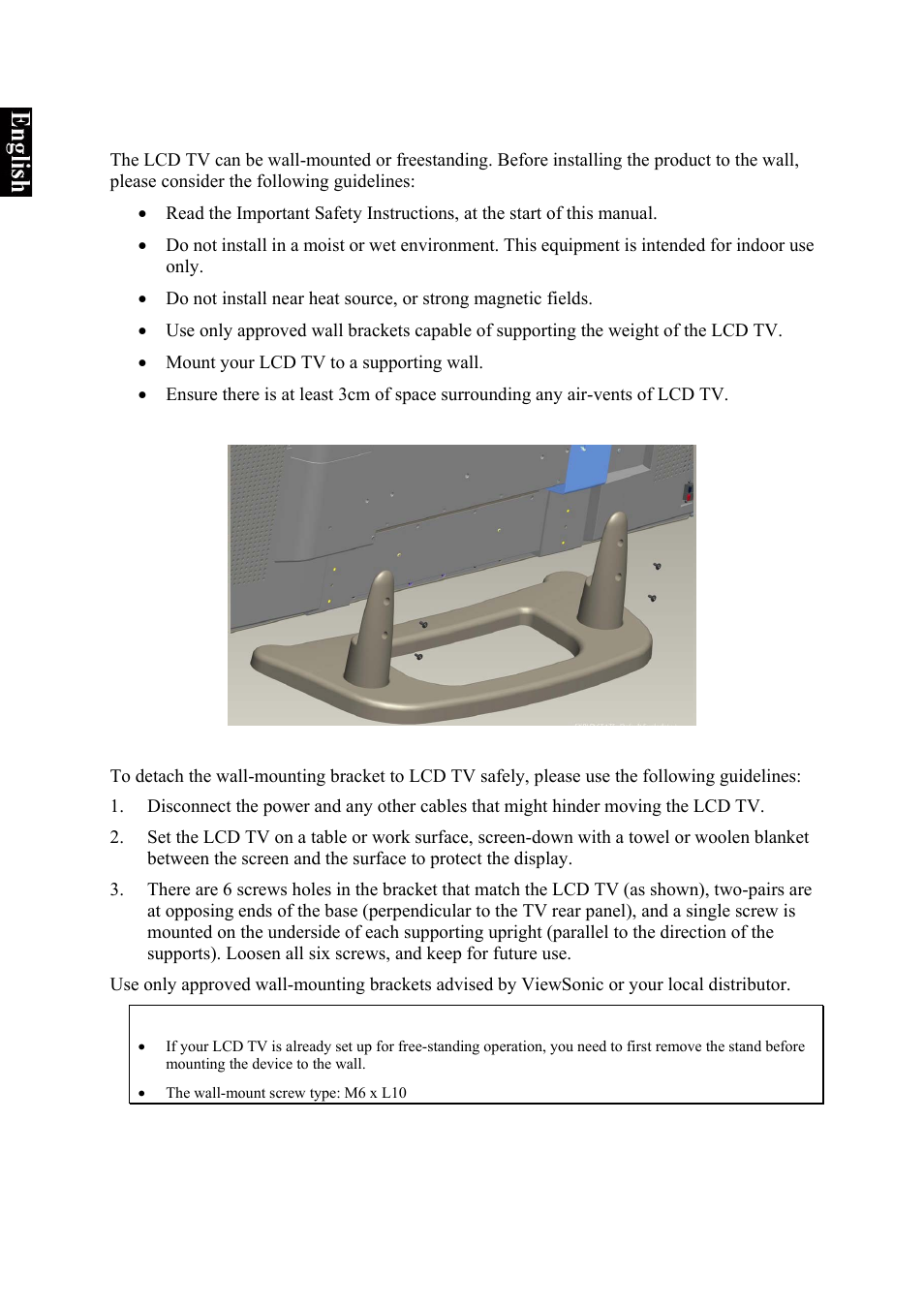 Fixing viewsonic lcd tv to the wall | VIEWSONIC VS10945-1G User Manual | Page 7 / 113