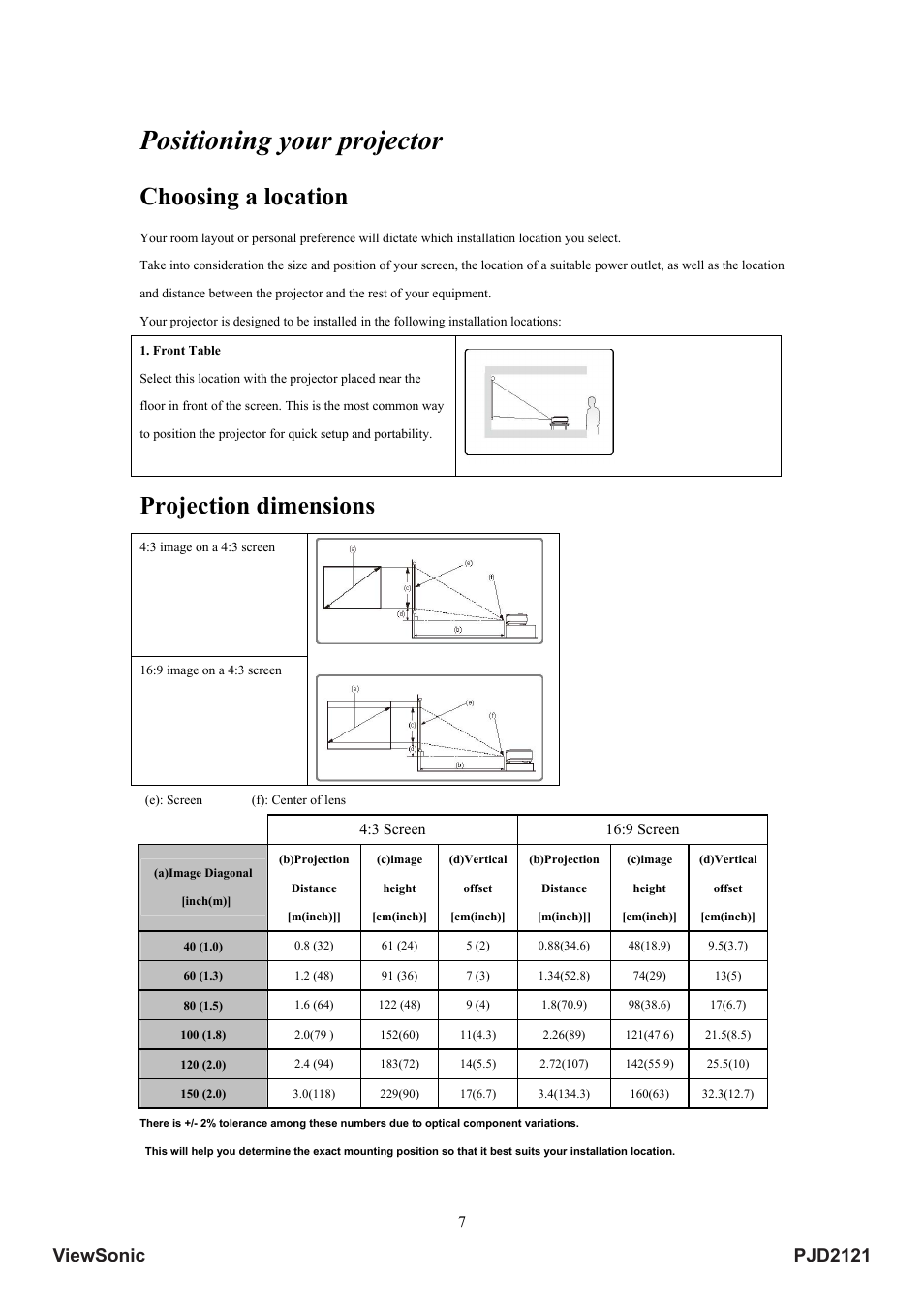 Positioning your projector, Choosing a location, Projection dimensions | Pjd2121 viewsonic | VIEWSONIC PJD2121 VS12617 User Manual | Page 12 / 36