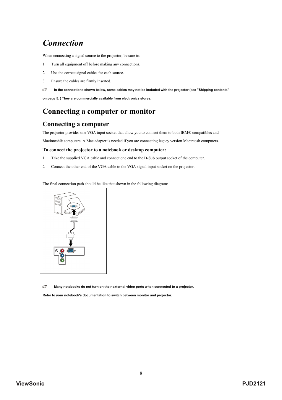 Connection, Connecting a computer or monitor, Connecting a computer | Pjd2121 viewsonic | VIEWSONIC PJD2121 VS12617 User Manual | Page 13 / 36
