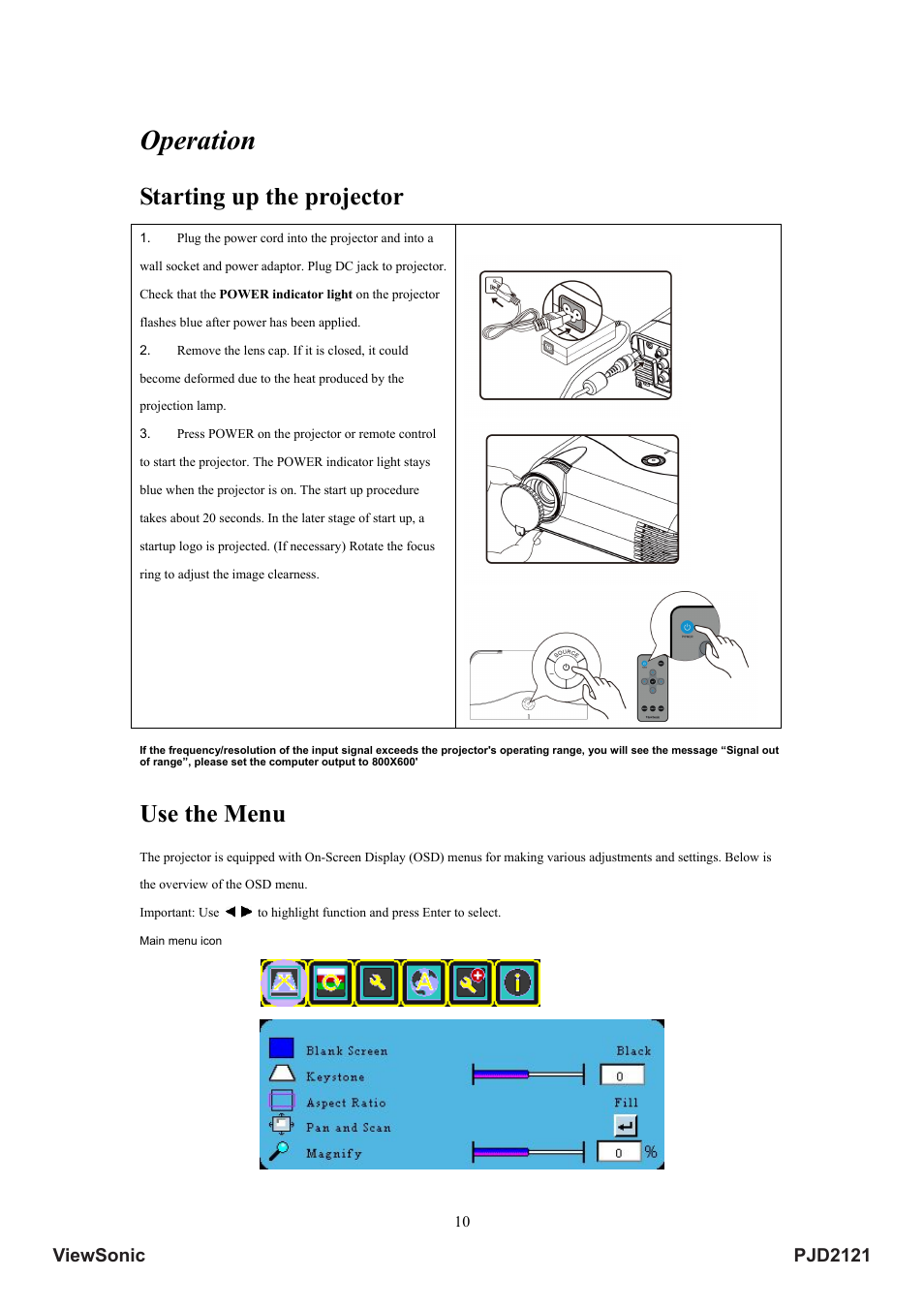 Operation, Starting up the projector, Use the menu | Pjd2121 viewsonic | VIEWSONIC PJD2121 VS12617 User Manual | Page 15 / 36