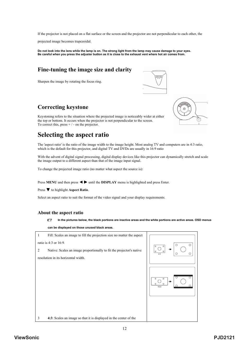 Selecting the aspect ratio, Fine-tuning the image size and clarity, Correcting keystone | Pjd2121 viewsonic, About the aspect ratio | VIEWSONIC PJD2121 VS12617 User Manual | Page 17 / 36