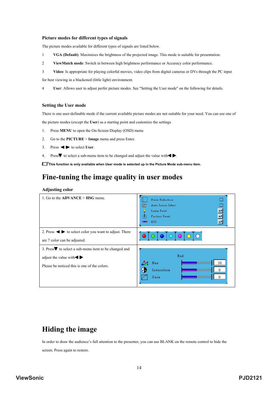 Fine-tuning the image quality in user modes, Hiding the image, Pjd2121 viewsonic | VIEWSONIC PJD2121 VS12617 User Manual | Page 19 / 36